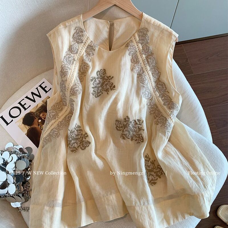 Floral Embroidery Round Neck Sleeveless Top for Women, New Summer Style, Niche High-End Vintage Super Fairy-Like Thin Shirt Floral Embroidery Round Neck Sleeveless Top for Women, New Summer Style, Niche High-End Vintage Super Fairy-Like Thin Shirt