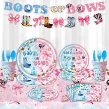 新款粉蓝牛仔洗礼主题派对用品一次性纸盘拉旗套装生日派对布置