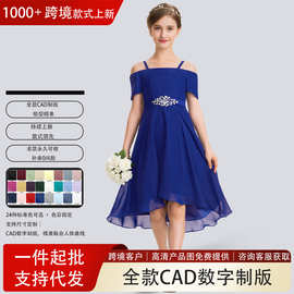 跨境亚马逊中大儿童晚礼服女花童 A字一字领不对称雪纺小伴娘外贸