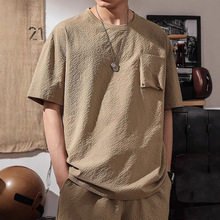 日系泡泡纱休闲短袖男装薄款冰丝感速干宽松T恤夏季立体口袋上衣