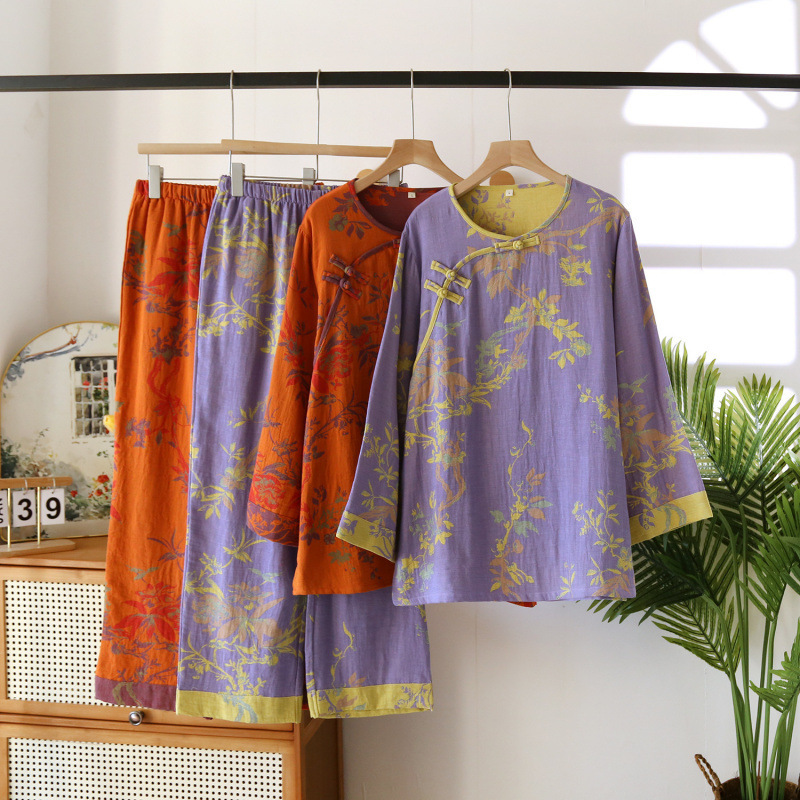 New Yarn-Dyed Washed Cotton Women's Large Size Home Clothes Double-Layer Cotton Yarn Retro Style Pajamas Four-Season Thin Suit