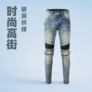 可代发休闲男装裤骑行牛仔裤男士高街机车拉链破洞拼接男裤子606