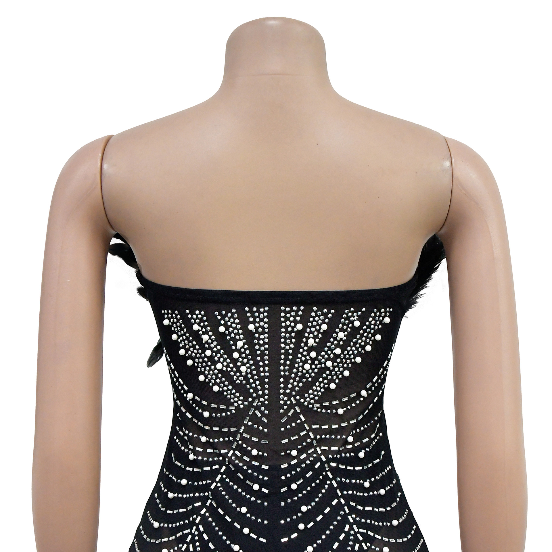 Damenkleid mit einfarbigem Mesh-Federrock und Strasssteinen_voghion.com