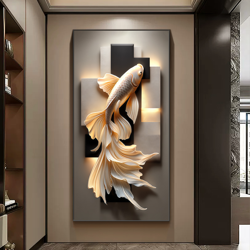 Modern minimalist light luxury koi fish entrance decoration painting, high-end and elegant, hanging painting directly opposite the entrance door, corridor and hallway wall art