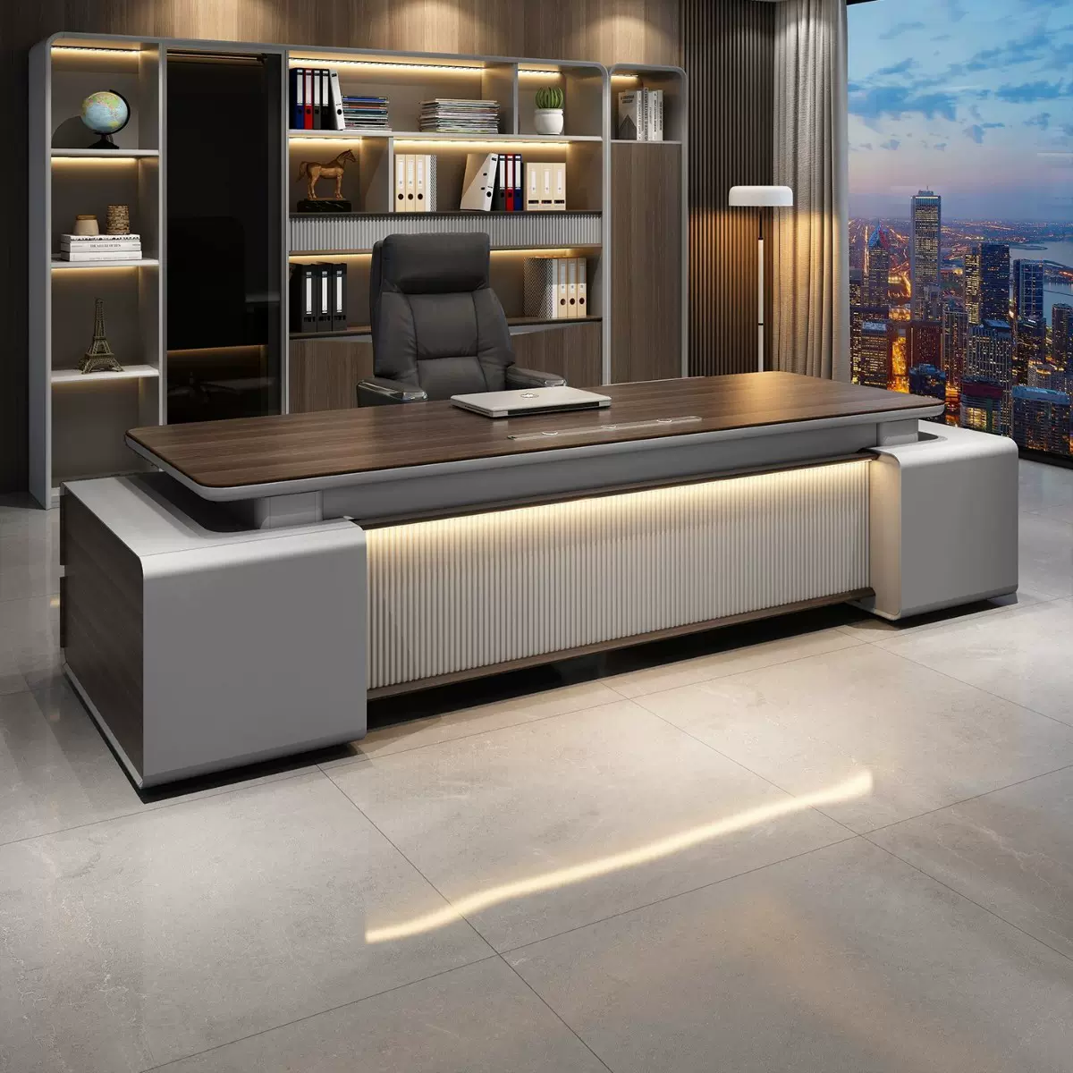 高端老板办公桌LED灯带总裁办公室文件柜大班台组合配密码锁厂家