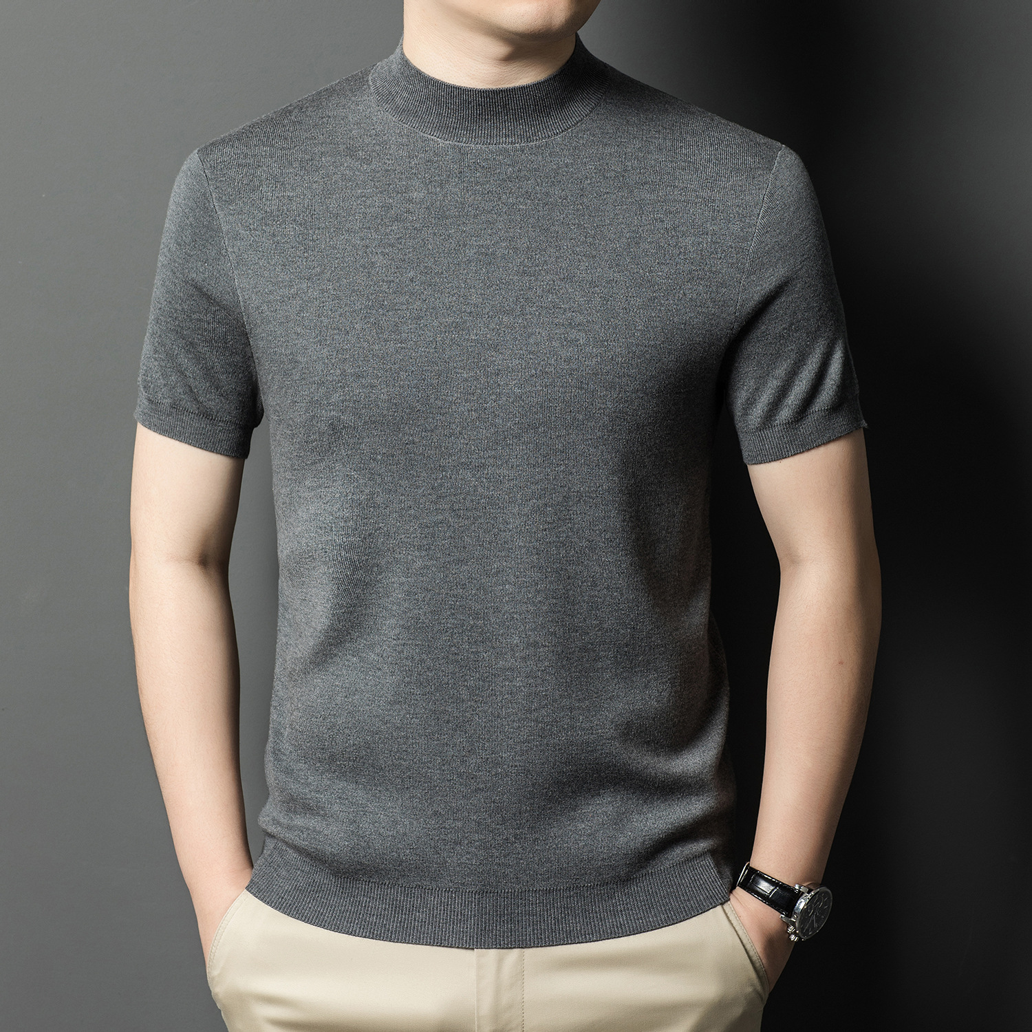 Machine Washable Cashmere Knitted Short-sleeved Men's Half-turtleneck Solid Color Worsted Sweater Puyuan Sweater Mulberry Silk Top