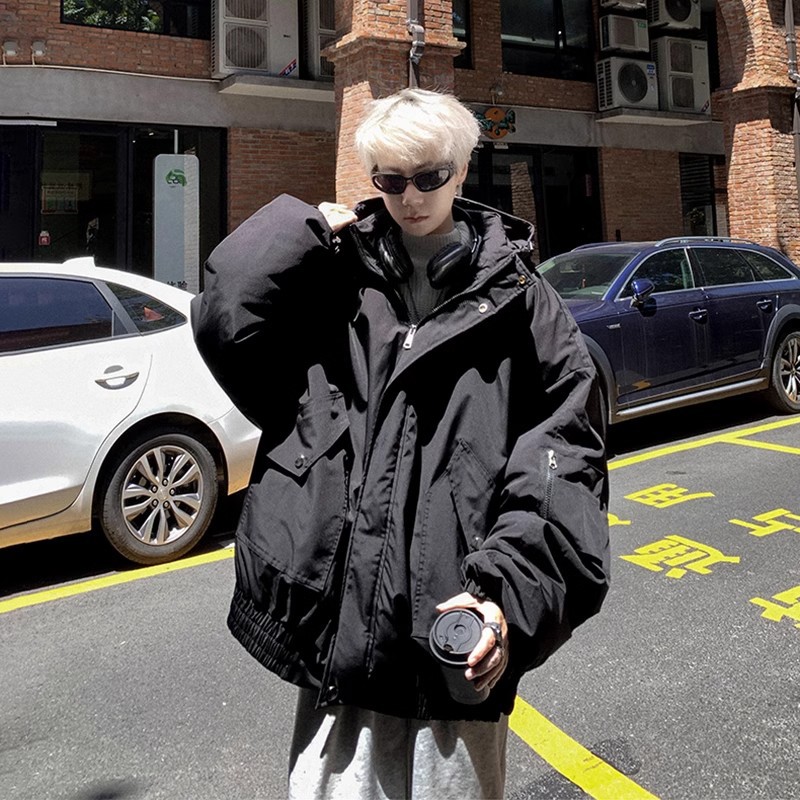 블랙 작업복면 패딩 재킷 남성용 겨울 두꺼운 따뜻한 재킷 러피 잘 생긴 유스 코트 후드 파커 세트