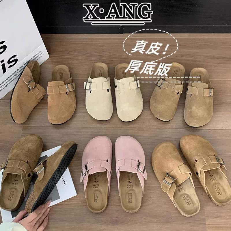 Полностью кожаная обувь Birkenstock с пробковой подошвой, носок обуви, полуслепон, для женщин, носить весной и летом 2025, новые стиль ленивые тапочки