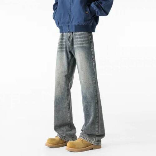 American retro washed and used jeans, men's spring and autumn fashion brand design, niche loose straight, wide-leg long pants