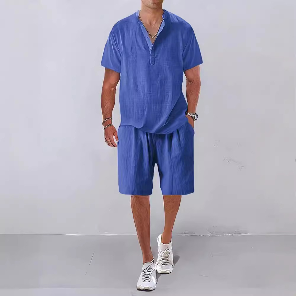 2023 Summer New Amazon Independent Station European and American Men's Solid Color Casual Short Sleeve Casual T-shirt Shorts Set