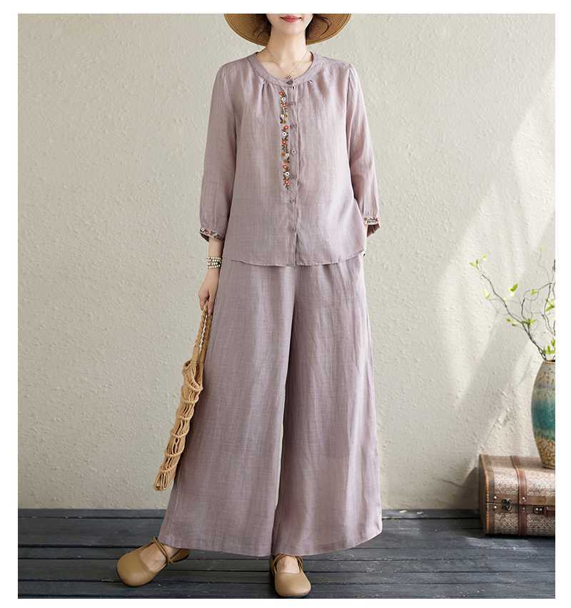Completo donna camicia ricamata e pantaloncini stile cinese_voghion.com