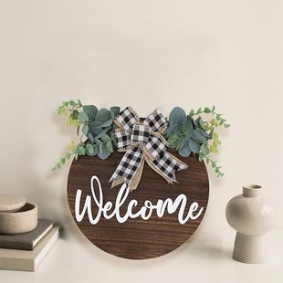 Cross-Border American country wooden welcome door plate double bow decorative Garland door decoration welcome door ring