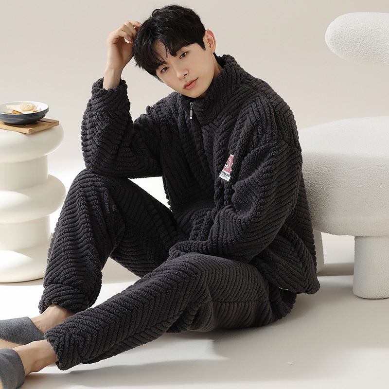 New Autumn and Winter Pajamas for Men, Winter Coral Velvet Plus Velvet and Thickeneding, Youth Stand-Up Collar Zipper Cartoon Home Clothes Set