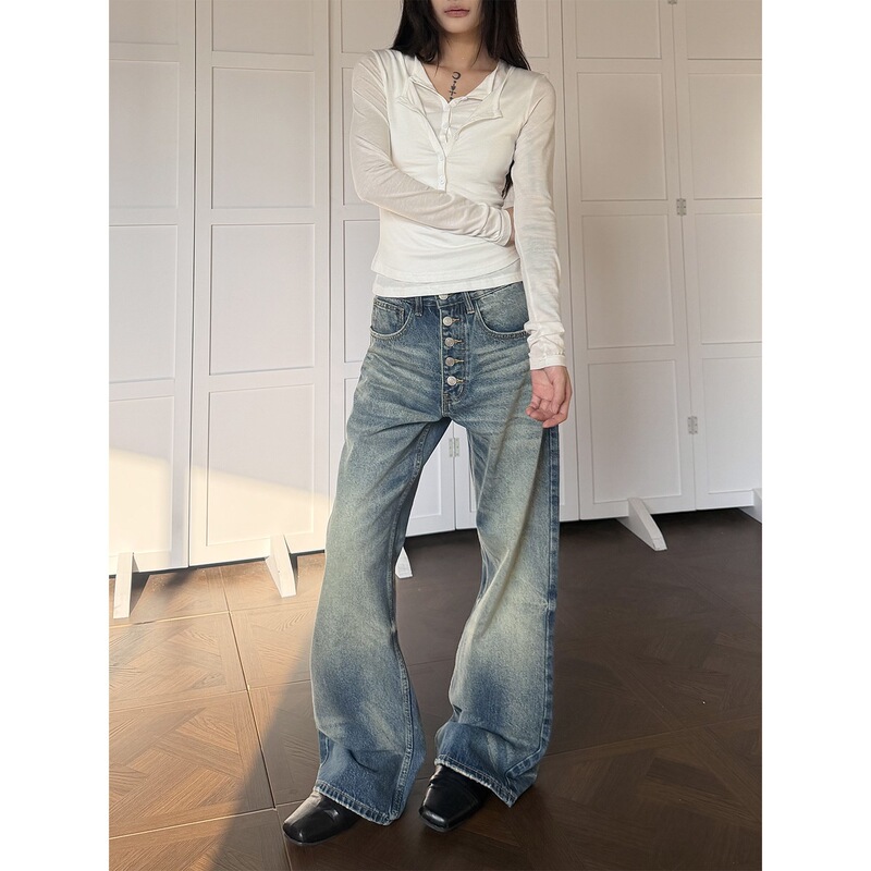 Don Cry Washed Denim Jeans with 3D Whisker Pattern and Button Closure, Unisex American-Style Loose Wide-Leg Versatile Casual Pants Don Cry Washed Denim Jeans with 3D Whisker Pattern and Button Closure, Unisex American-Style Loose Wide-Leg Versatile Casual Pants