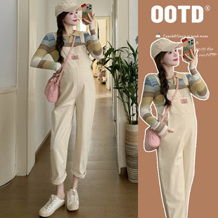 Pregnant Women's Strap Pants Spring and Autumn Small Loose 2025 New Cotton Fashion suit Spring Two-piece Set Small Fresh