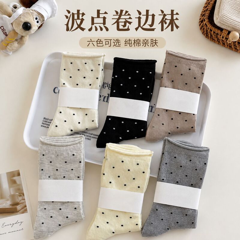 Pure cotton ballet-style mid-calf socks, autumn and winter ruffled socks, versatile polka dot cotton women's socks for spring and autumn, wholesale from Zhuji
