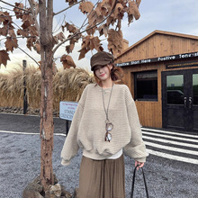 高级感绒面圆领卫衣女2025秋季复古条纹慵懒风宽松休闲长袖上衣潮