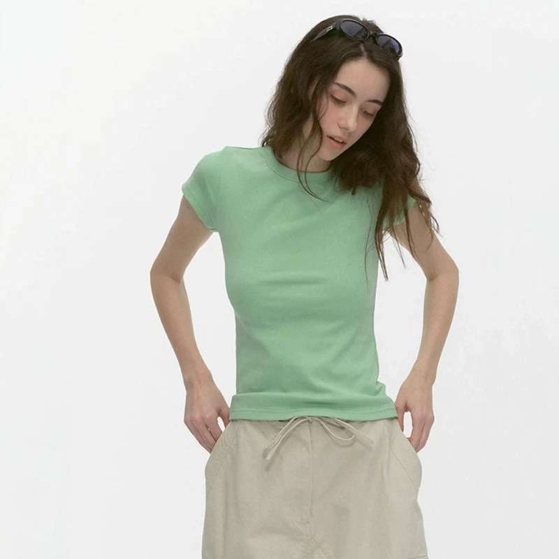 CountryMomen260G Heavyweight High-Elastic Green Short-Sleeve T-Shirt for Women, Slim Fit, Regular Shoulder, Solid Color Base Shirt