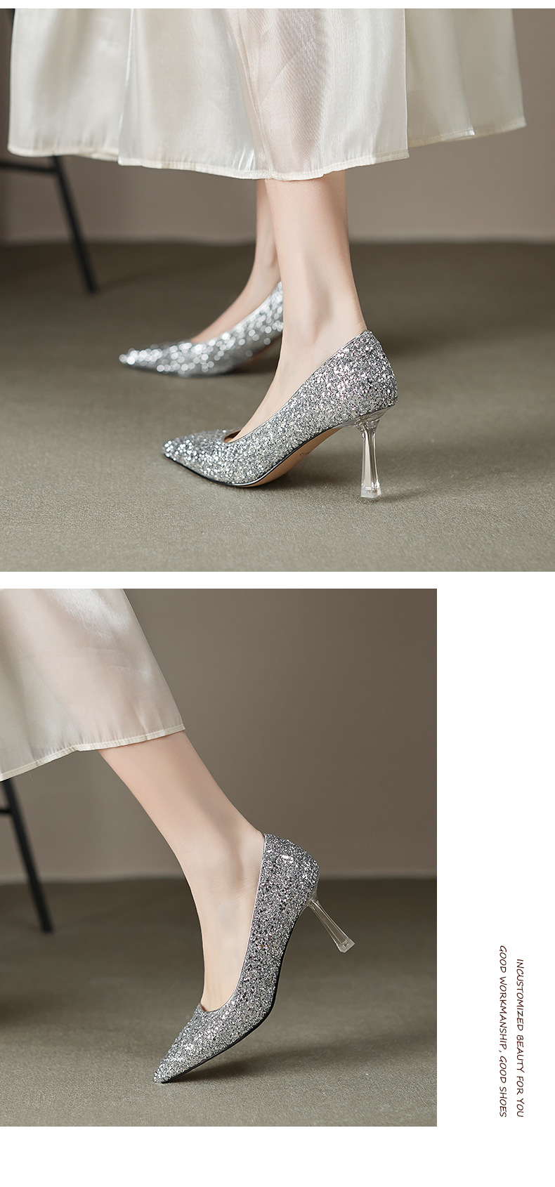 Giày cao gót nữ mũi nhọn đính sequin gót pha lê bạc — Màu bạc chi tiết 7