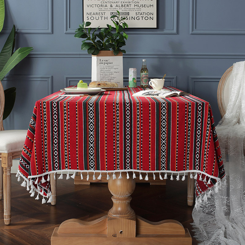 Nappe Bohème Teint En Fil Jacquard Rouge Ruban Gland Maison Table Basse Couverture Serviette display picture 5