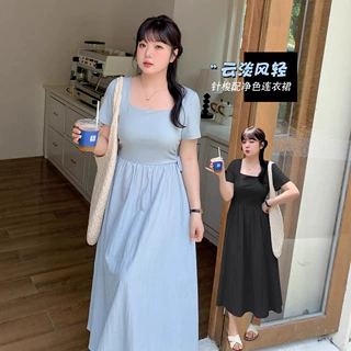 美丽k2750大码女装夏季新款简约风显瘦方领拼接针织长款连衣裙女