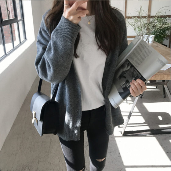 Korean style autumn and winter New pure color sweater cardigan women's fashion slimming versatile V-neck button sweater coat for women