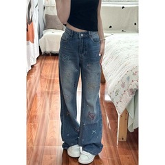 【新塘牛仔全店现货】美式复古卡通直筒牛仔裤女高腰显瘦宽松阔腿