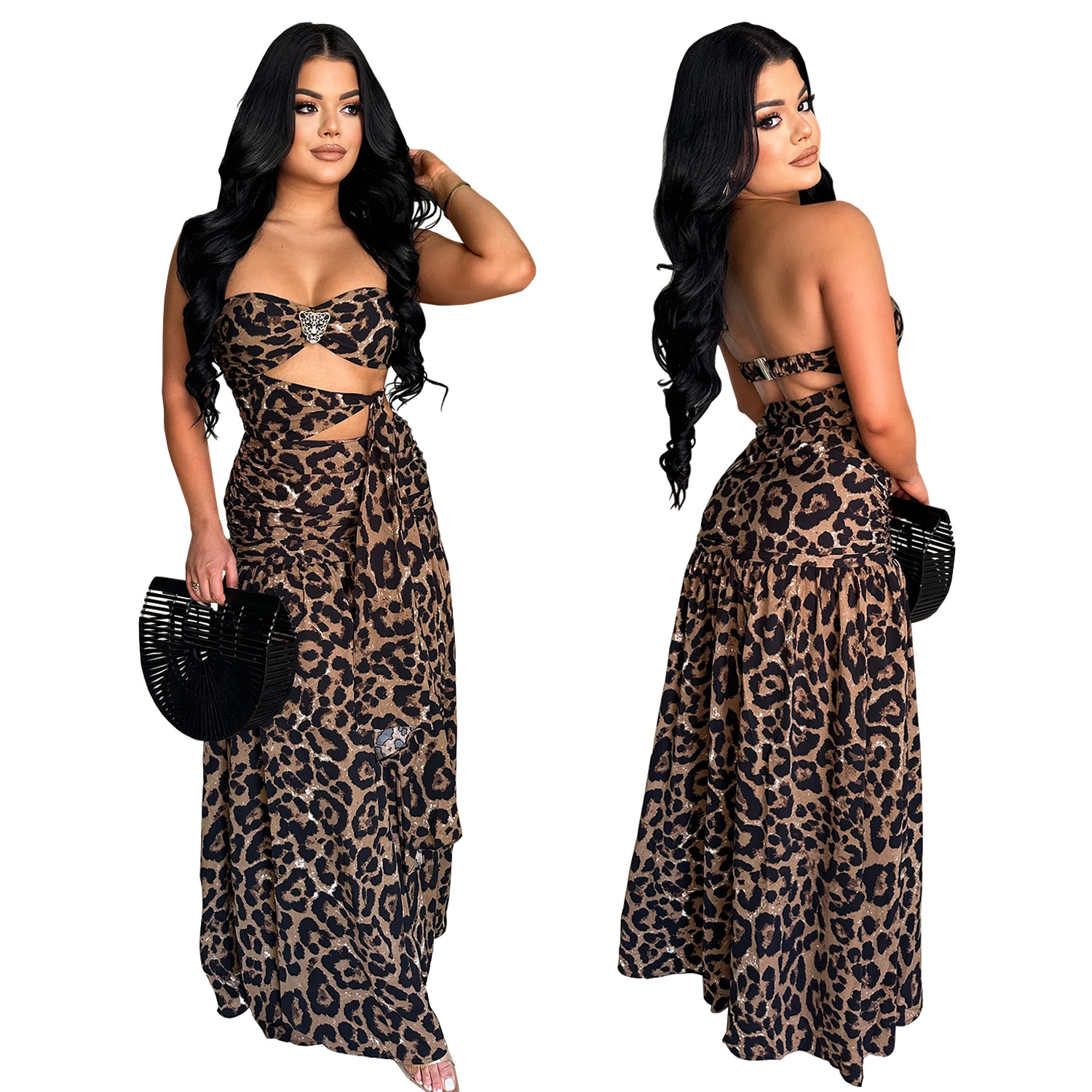 C7501 Aliexpress transfronterizo amazon ropa de moda europea y americana sexy impresión de leopardo vestido de espalda image 6