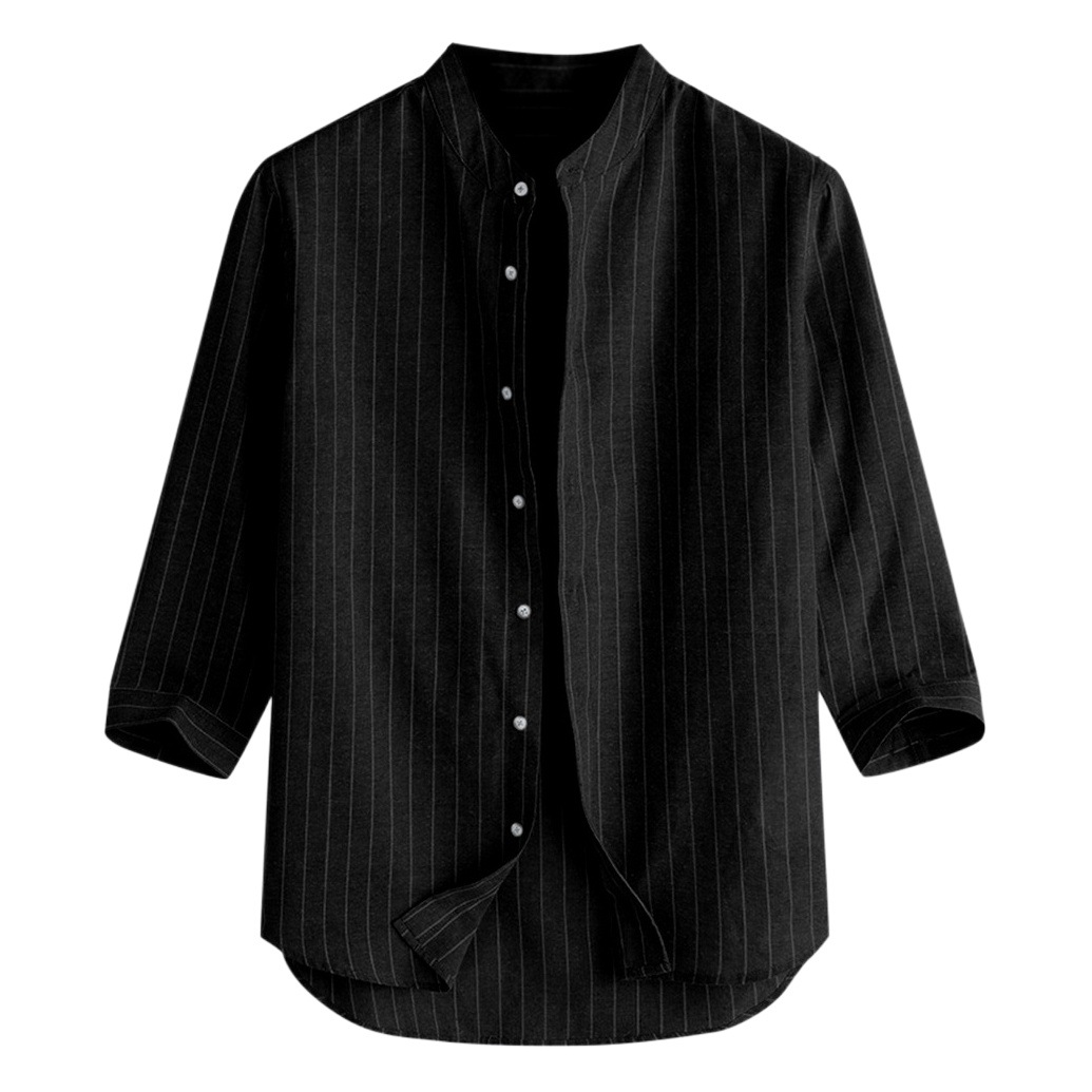 2019 New striped youth linen three-quarter sleeve men's shirt fresh Artistic style
