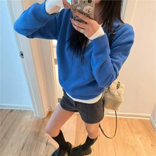 秋冬V领羊毛衫长袖套头毛衣女宽松纯色内搭羊毛休闲针织打底套衫