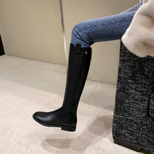 葡萄妈同款牛皮靴子女秋冬加绒平底弹力高筒骑士靴不过膝黑色长靴