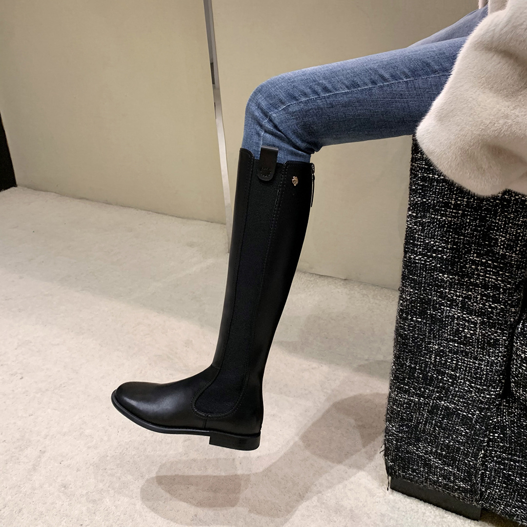 葡萄妈同款牛皮靴子女秋冬加绒平底弹力高筒骑士靴不过膝黑色长靴