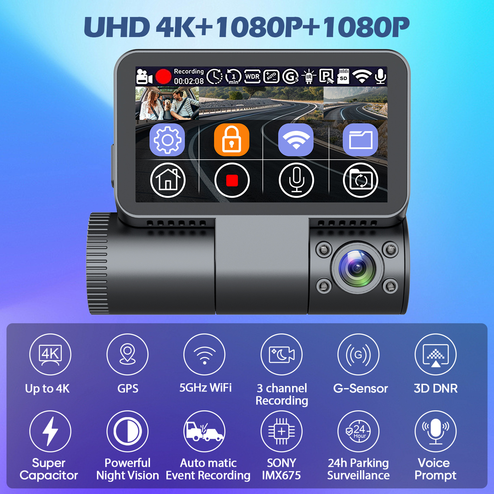 V66Dvr4K Three-Lens Dash Cam with Adas Smart Touchscreen 5.8g Driving Recorder