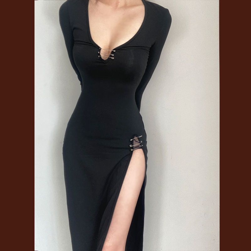 Cross-Border Wholesale European and American Style High-Slit Black Long-Leg-Enhancing Dress with Low-Cut Neckline, Cinched Waist, Tight-Fitting Long Sleeves, and Bodycon Skirt Cross-Border Wholesale European and American Style High-Slit Black Long-Leg-Enhancing Dress with Low-Cut Neckline, Cinched Waist, Tight-Fitting Long Sleeves, and Bodycon Skirt