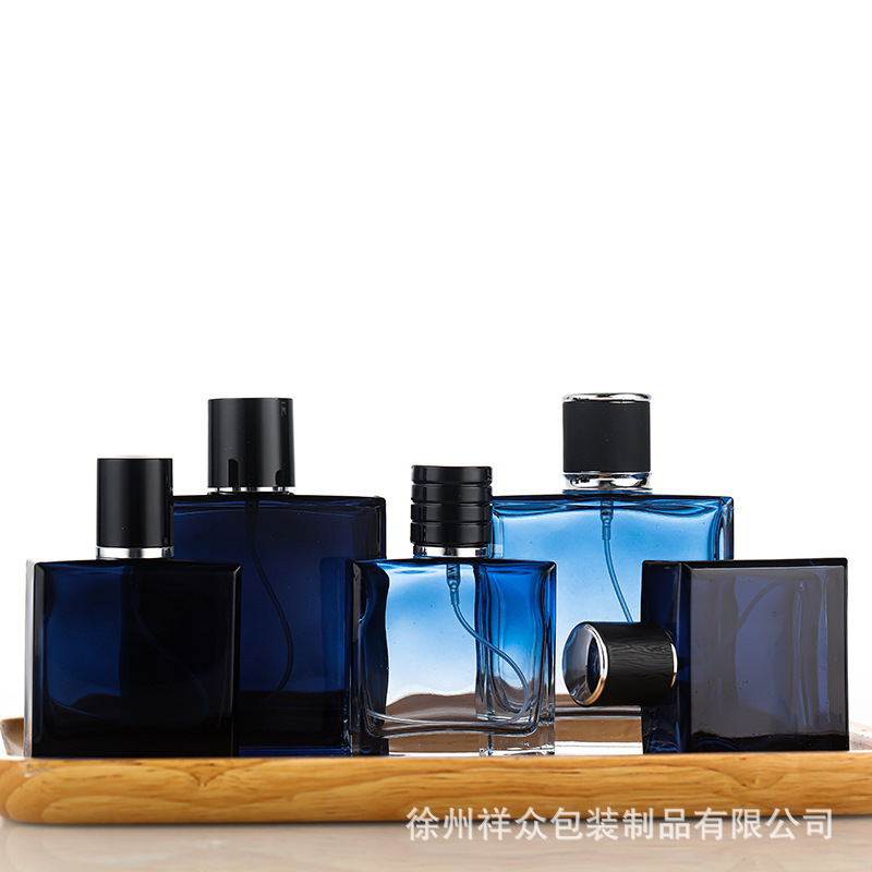 Botella de perfume de bayoneta de color de alta gama botella de vidrio de fondo grueso botella de vidrio de color degradado botella de vidrio cuadrado plano negro dividida en 100 m