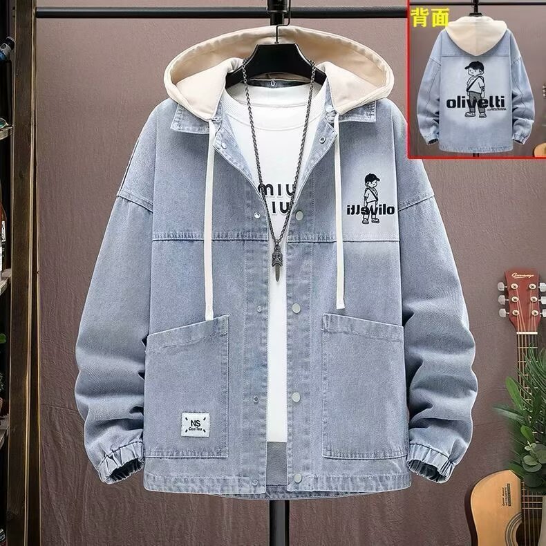 Teen Denim Jacket Spring and Autumn New Style Boys' Junior High School Student Jacket Men's Trendy Men's Hooded Top
