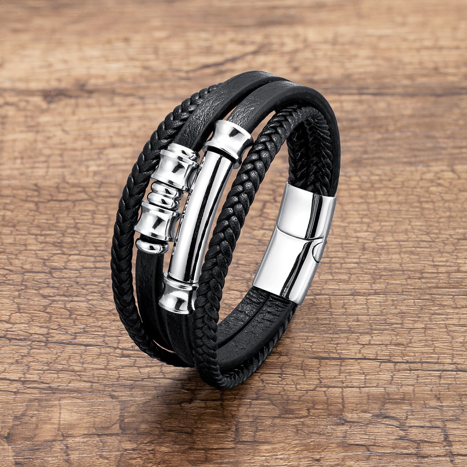 1 Piece Quantity Retro Geometric 304 Stainless Steel Pu Leather Layered Men's Bangle Men Cord & Leather Bracelets