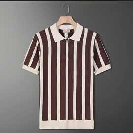 2026夏季男士上衣休闲修身新款条纹翻领短袖半袖恤图片色