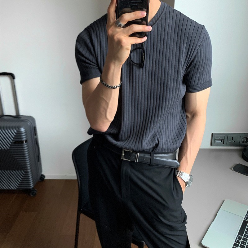 boy Summer Short T-Shirt For Men Ice Silk Knitted Shirt Stretchy Korean Style Slim Fit Round Neck Casual Thin Solid Color_viptrois.com