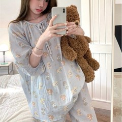 韩国ins女士春秋新品韩版奶蓝狗狗简约慵懒卡通家居服睡衣套装女