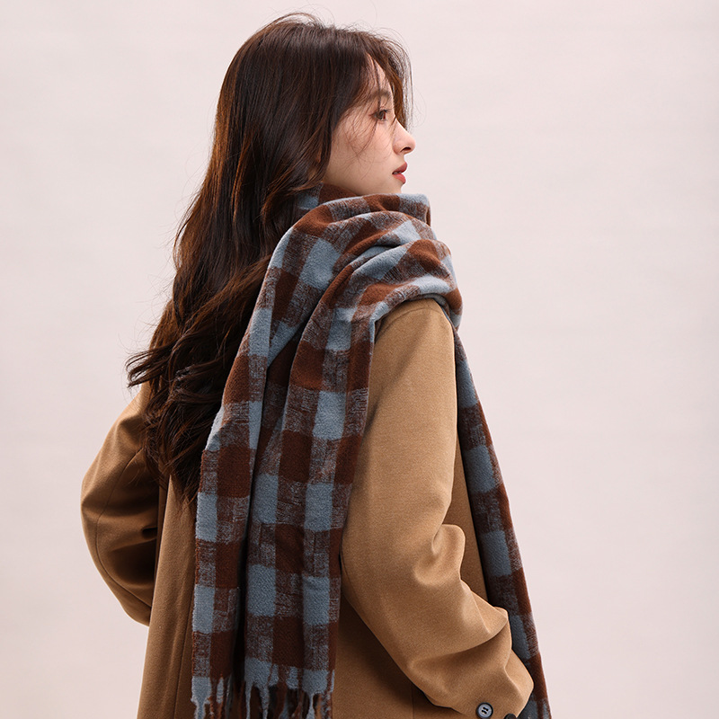 Sciarpa a quadri da donna autunno inverno sensazione avanzata spessa e calda collo frangia versatile studente moda INS_voghion.com