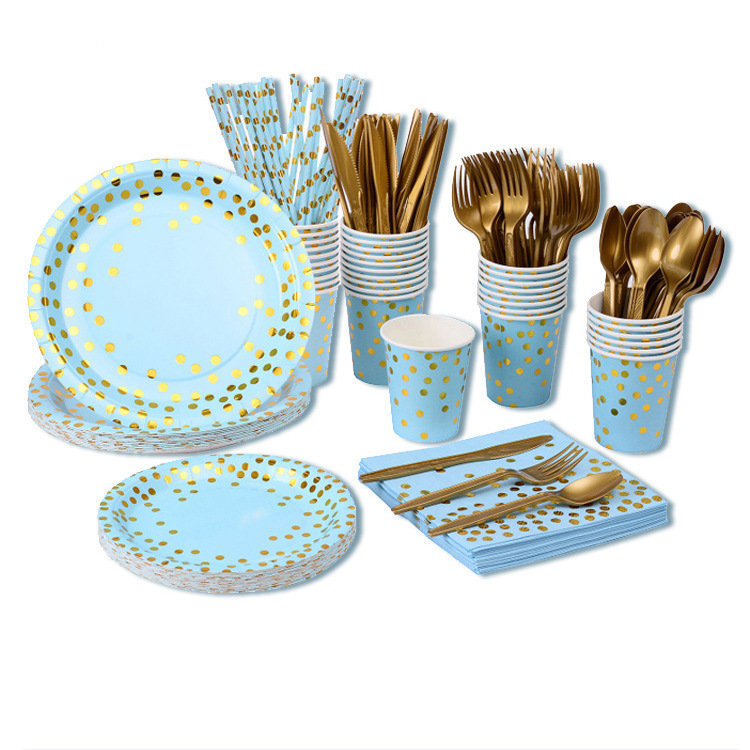 Bronzing Polka Dot Blue Set Polka Dot Birthday Tableware Disposable High-end Dinner Plate Dispensary Plate Paper Cup Tissue Supplies