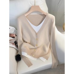 杏色vネック偽2枚長袖tシャツ2025年春高級感上着が痩せている