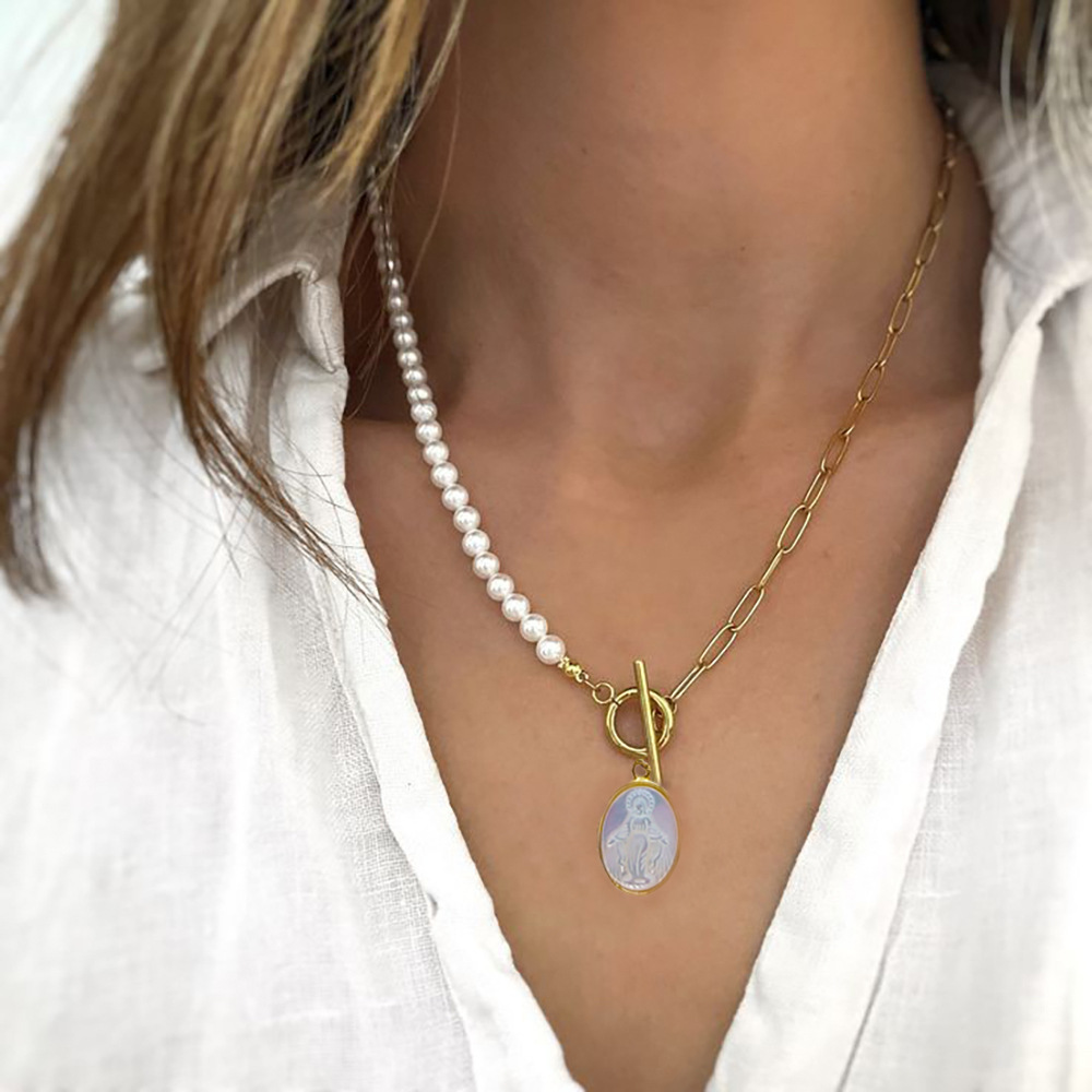 21g Weight Pendant Necklace Classification 1 Piece Quantity Modern Style Faith Oval Freshwater Pearl Shell Copper 18k Gold Plated Pendant Necklace In Bulk
