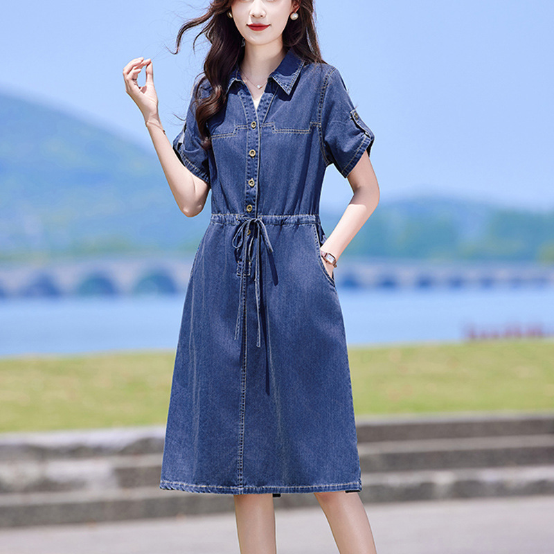 Short-Sleeved Denim Dress Women's Summer 2025 New Style Elegant Age-Reducing Small Waist Slimming Shirt Skirt Short-Sleeved Denim Dress Women's Summer 2025 New Style Elegant Age-Reducing Small Waist Slimming Shirt Skirt