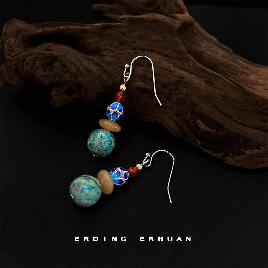 文艺复古民族风天然石湖北松石珐琅滴釉手作设计景区耳饰工厂耳环