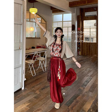 新中式吊带背心上衣女套装夏季防晒开衫灯笼休闲裤民族风三件套