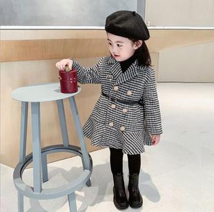 2024 Winter New girls' woolen coat plaid coat girls' Western style mid-length children's coat