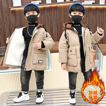 冬季男童加绒加厚棉衣外套2024新款中小童中长款连帽外套一件代发