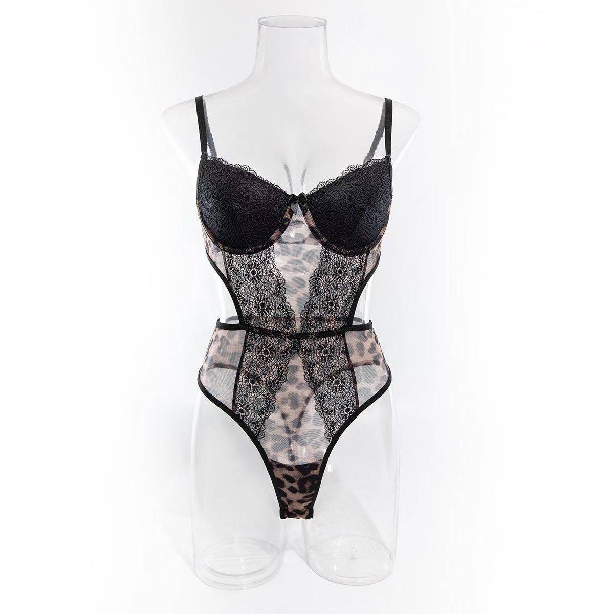 Leopard Print Lace Underwire Push-Up Bodysuit, One-Size Polyester Lingerie — detail image 5
